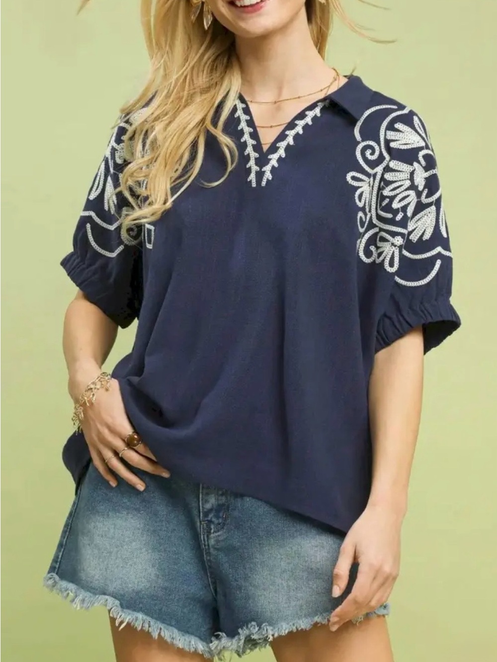 Umgee Navy Embroidered V-Neck Blouse